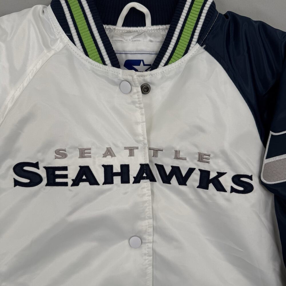 Starter NFL Seattle Seahawks Full Snap Navy White Satin Quilted Jacket Sz Medium - Picture 4 of 11